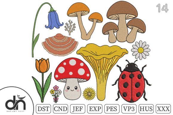 14 Tiny Mushroom Floral Embroidery Set